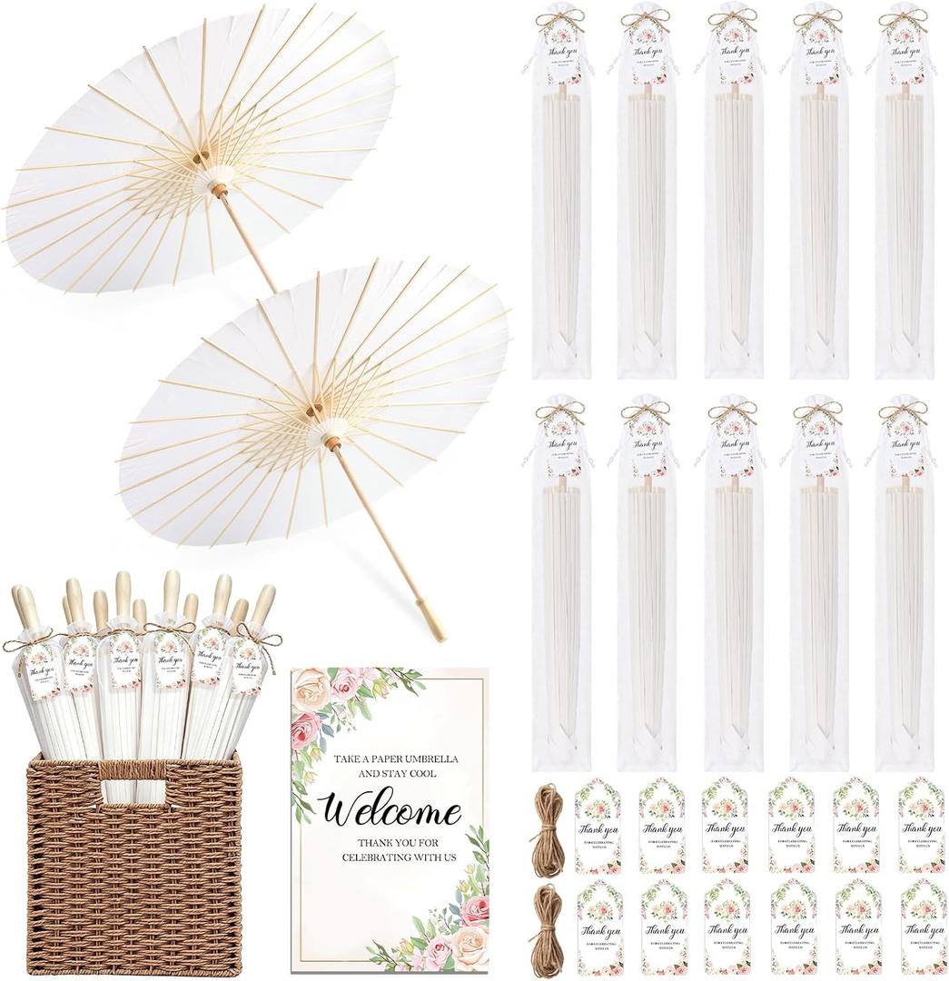 12 Sets 33 Inch White Paper Parasol Umbrella for Wedding Chinese Japanese Paper Umbrella With Foldable Storage Basket DIY Painting White Parasol Thank You Wedding Favors for Guest Bridal Shower