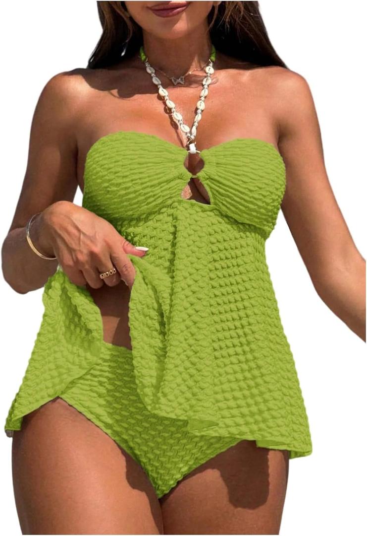 Milumia Women's Tankini Sets Two Piece Halter Cut Out Bathing Suits Tummy Control Swimsuit Flowy Swimwear Green Large