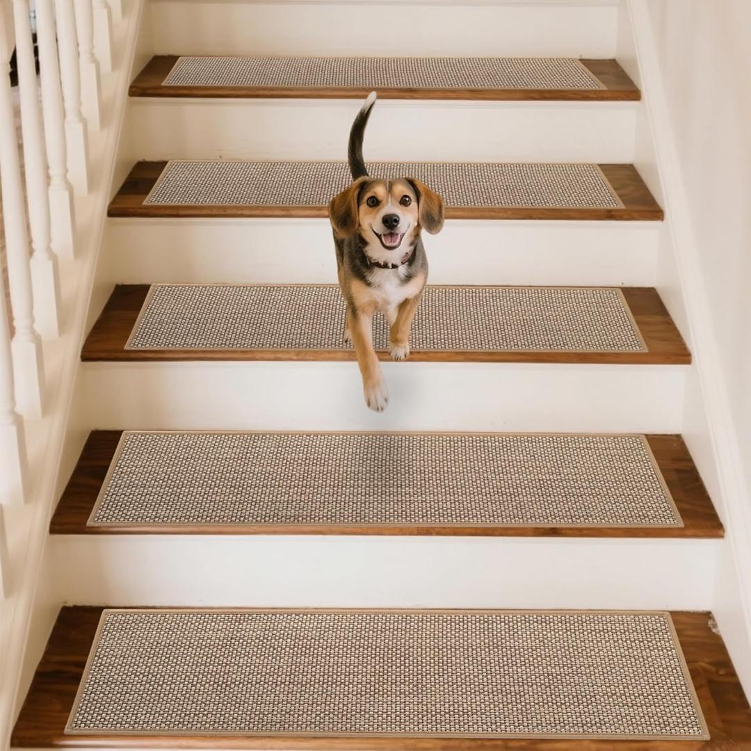 Linen Stair Treads for Wooden Steps Indoor 36x9 inch, 15pcs Upgraded Self Adhesive Backing Non Slip Stair Carpets, Peel and Stick Stair Runner Rugs, Reusable Staircase Step Treads(Beige)