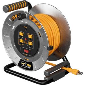 Masterplug 50ft Cord Reel, Metal Steel Cable Drum, Retractable Extension Lead with Winding Handle, Safety Overload Circuit Breaker and Power Switch, 4x Grounded Outlets, 15amps, 12AWG Cable