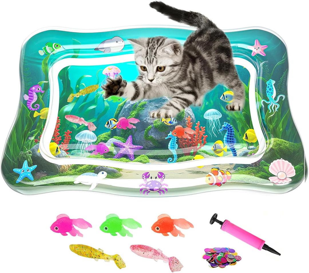 Interactive Cat Toy for Indoor Cats, Upgraded Cat Water Mat with Fish - 0.7mm Thickened Water Sensory Play Pad, Enrichment Stimulating Hunting Exercise Toy for Bored Adult Cats & Kittens