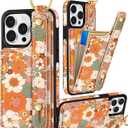 Petitian for iPhone 14 Pro Max Case with Wallet - Women Girls Cute Girly Aesthetic Unique Design Leather Credit Card Holder Cardholder Stand Wristband for iPhone 14 Pro Max, Orange Floral