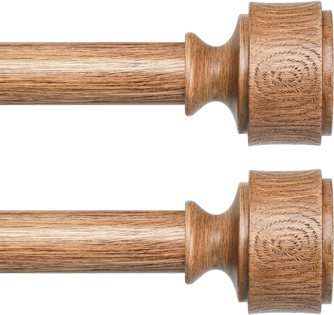 2 Pack Wood Curtain Rods for Windows 30 to 56 Inch, Adjustable Decorative 1'' Heavy Duty Metal Curtain Rod with Modern Faux Wood Grain Finials, Rustic Farmhouse Bedroom Boho Drapery Pole