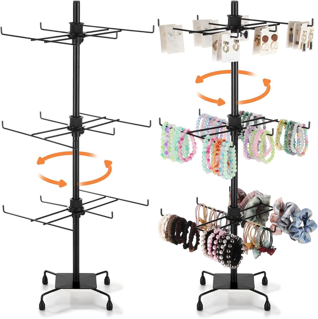 2 Pcs Jewelry Rotating Display Stand Adjustable Metal Earrings Bracelet Display Rack Hanging Jewelry Spinning Organizer Tree with Hooks for Vendor Events Selling(3 Tier,Black)