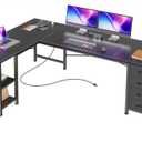 Huuger 55 Inch L Shaped Desk with Fabric Drawers, Reversible Computer Gaming Desk with Power Outlets and USB-C Port, Adjustable Side Storage Shelves, for Work Study Corner Home Office, Black