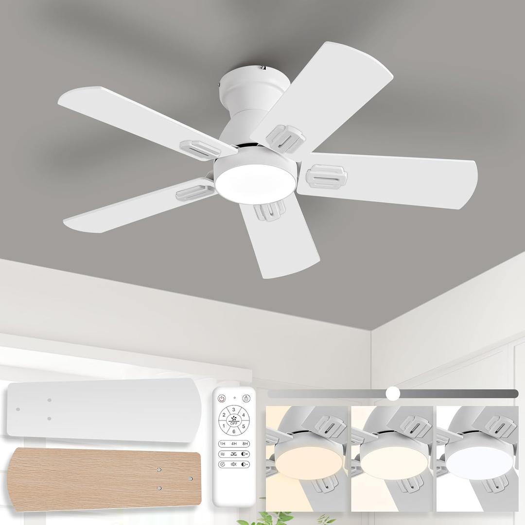 36-Inch White Ceiling Fans with Lights, Remote Control, Flush Mount, Dimmable, Reversible, Power-Off Memory, Quiet DC Motor  Modern Hugger Ceiling Fan for Living Room, Bedroom, Low Profile