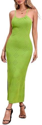 Fisoew Womens Crochet Swimsuit Cover Up Sleeveless Halter Neck Sexy Bodycon Backless Summer Knit Beach Vacation Maxi Dress, S