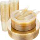 WELLIFE 300PCS Gold Glitter Plastic Plates, Gold Plastic Dinnerware Includes: 50 Dinner and 50 Dessert Plates, 150 Cutlery, 50 Cups for Party