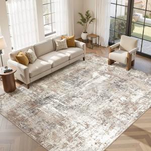 9'x12' Large Area Rugs for Living Room, Washable Non Slip Indoor Rug for Bedroom Home Decor Carpets, Modern Abstract Printed Carpet, Brown