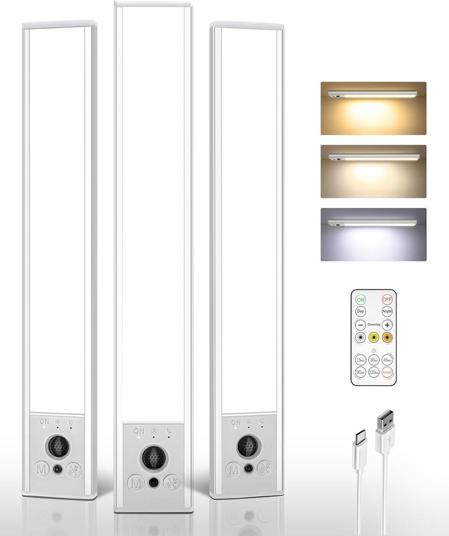 EZVALO 3 Pack Under Cabinet Lighting, 2400mAh Rechargeable Motion Sensor Light, 10inch Magnetic Closet Lights with Dimmable & 3 Color Temps, Wireless Motion Activated Lights with Remote for Kitchen