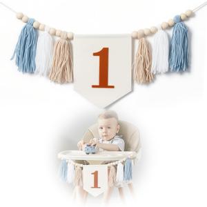 COLFULINE 1st Birthday High Chair Banner, Blue Wood Bead Tassel Banner for Kids, First Birthday Party Decorations, Photoshoot Props, Wall Hangings for Baby's Cake Smash & Party Setup