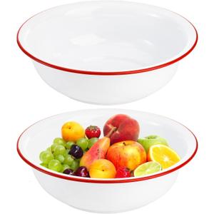 Elsjoy Set of 2 Enamel Bowl, 3 Quart Large Enamel Mixing Bowl White Enamelware with Red Rim, 11 Inch Vintage Enamel Soup Basin for Fruit, Salad, Pasta, Dinner