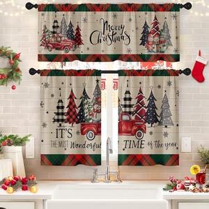 Arttown Christmas Kitchen Window Curtains and Valances Set 36 Inch, Truck Tree Snowman Plaid Farmhouse Short Tier Curtain for Cafe Living Room Bathroom, Xmas Vintage 3 Pieces Set Kitchen Decor