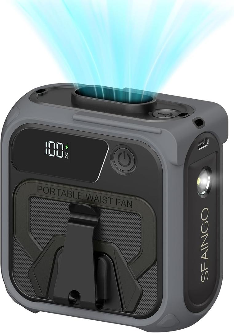 SEAINGO Portable Waist Fan Rechargeable  10000mAh, 42 ft/s Max, 5 Speeds 16000RPM, Personal Cooling Wearable Clip Body Belt Shirt Fans, Hanging Neck Fan with Light for Camping Travel Outdoor Indoor (Cement Gray)