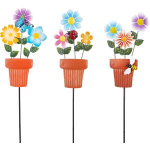 3 Pcs Metal Flower Garden Stakes, 24" H Flower Pot Shape Decorative Garden Stakes, Metal Yard Art for Outdoor Spring Lawn Patio Pathway Decor