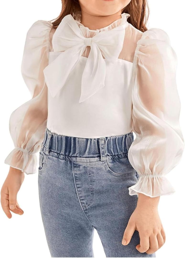 WDIRARA Girl's Bow Front Cute Long Sleeve Blouse Mock Neck Shirt Ruffle Mesh Casual Top Tee White 6 Years
