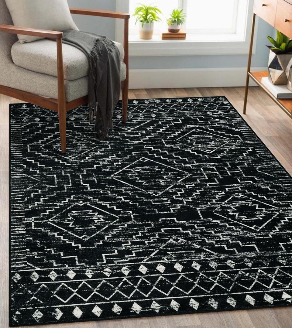 Wonnitar Moroccan Washable Rug 4x6, Black Boho Living Room Area Rug, Non-Slip Farmhouse Bedroom Carpet Dorm Room Throw Rug, Low Pile Soft Accent Mat for Kitchen Entry Office (Black,4'x6')