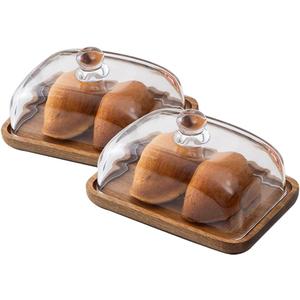 2 Pack Rectangular Wooden Cake Stand, 4 x 6.3 Mini Cake Plate Holder with Clear Glass Bell, Cake Display Server Tray for Kitchen, Birthday Parties, Weddings, Baking Gifts