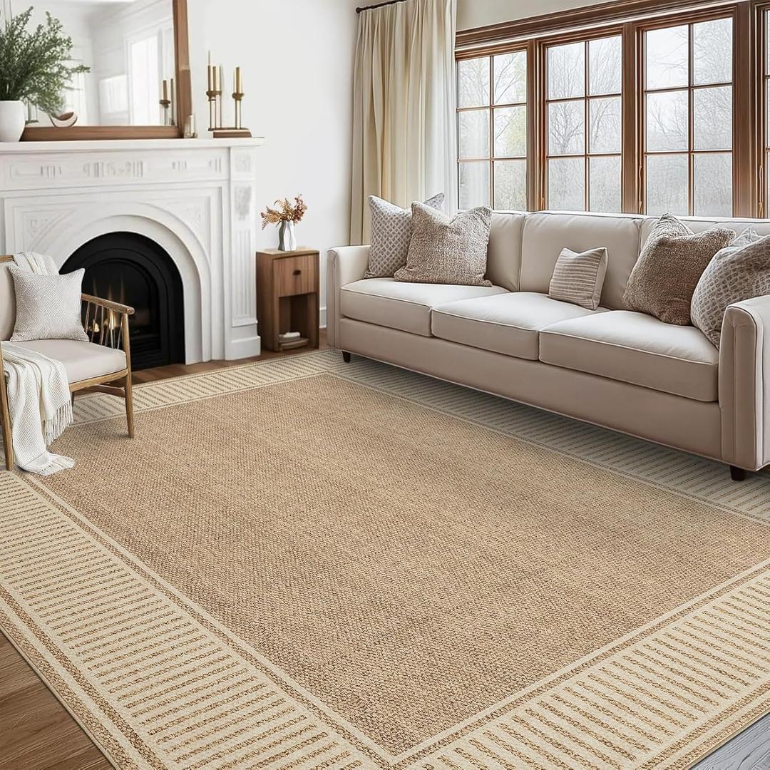 GarveeHome Area Rug 10x13 Modern Bordered Large Living Room Area Rug Washable Bedroom Throw Carpet with Rubber Backing Low Pile Stain Resistant Contemporary Rug for Dining Room Home Office, Khaki