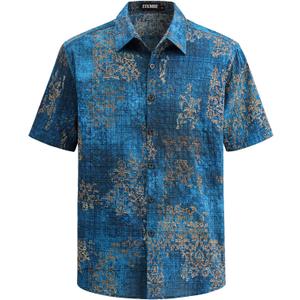 Mens Hawaiian Shirt Short Sleeve Breathable Aloha Beach Shirts for Men Summer Vacation Button Down, Retro Floral (Blue, L)