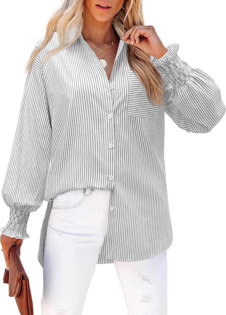 siliteelon Gray Green Striped Button Down Shirts for Women Long Sleeve Blouses Collared Smocked Cuff Boyfriend Plus Business Casual Tops Pocket (S)