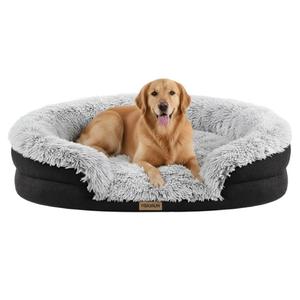 Fluffy Orthopedic Dog Bed for Large & Extra Large Dogs, Calming Plush Sofa Bed with Curved Bolster Support and Egg-Crate Foam Base, 43" Cozy Oval Pet Donut Bed with Washable Cover, Gray