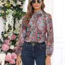 AGSEEM Womens Button Down Shirts Lantern Long Sleeve Boho Floral Print Chiffon Dressy Business Casual Blouses Tops 2026 (L)