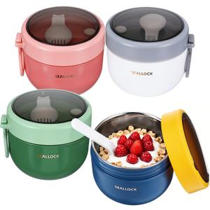 4 x 4pcs Overnight Oat Containers with Lids and Reusable Plastic Spoons,20oz Portable Stainless Steel Yogurt Breakfast On The Go Cups, Cups for Cereal,Milk and fruit Salad Storage Container