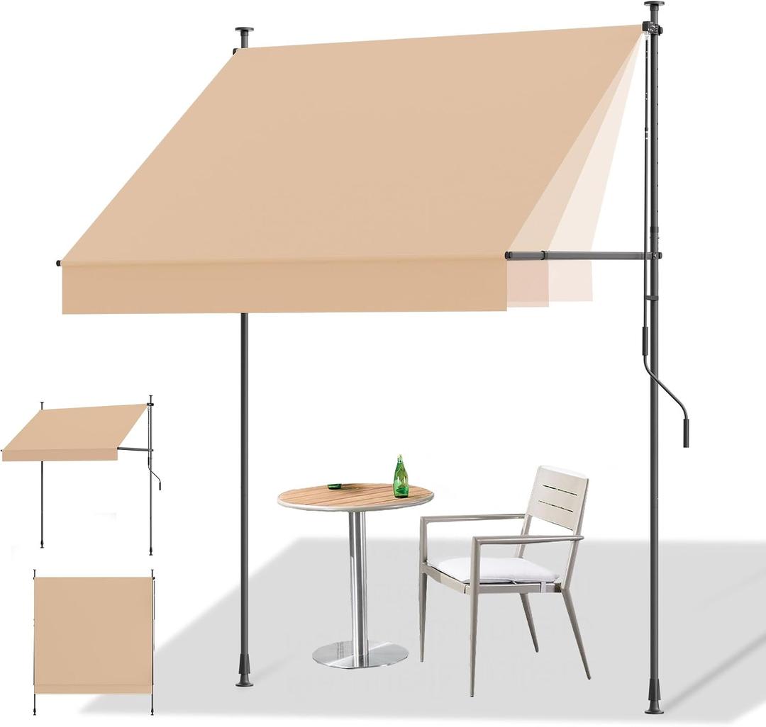 HOMEDEMO Manual Retractable Awning, 118" W x 118" H Retractable Side Bar 47-59", Outdoor Patio Awnings Height Adjustable 82-118", NO Drilling Awings for Backyard Garden Porch Outside Khaki