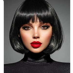 YOUNIGA Black Bob Wig With Bangs 12 Inch Short Bob wig for Women Short Bob Wigs Synthetic Fiber Bob Wigs and Halloween Cosplay Wig With One Cap (Nature Black)