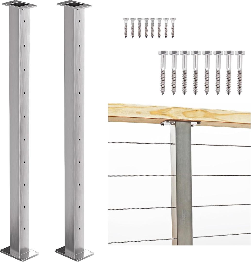 2 Pack Stainless Steel Cable Railing Level Line Intermediate Post 42"(Actually Post 40.5"x2"2"), Level Drilled for 1/8" Cable
