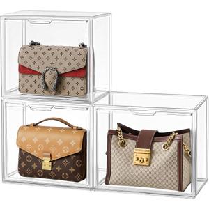 HBlife 3 Pack Purse Storage Organizer for Closet, Large Clear Stackable Handbag Display Case Box with Magnetic Door for Collectibles, Cosmetics, Women Heels and Toys