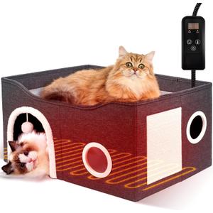 Indoor Heated Cat House, Adjustable Temperature Cat Heating Bed with Timer and Chew Resistant Cord, Large Cat House with Heating Pad for Small Medium and Large Cats