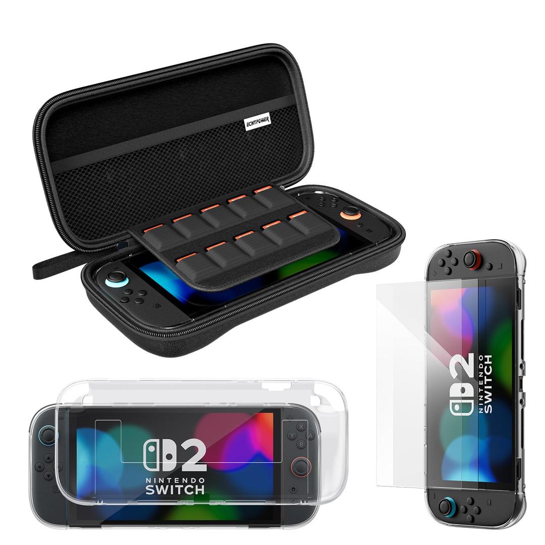 ECHTPower Accessories Bundle for Nintendo Switch 2, Switch 2 Carrying Case, Silicone Protective Cover, 2 Piece HD Screen Protector, Durable , Lightweight and Large Capacity, Accessories for Switch 2 (Dark)