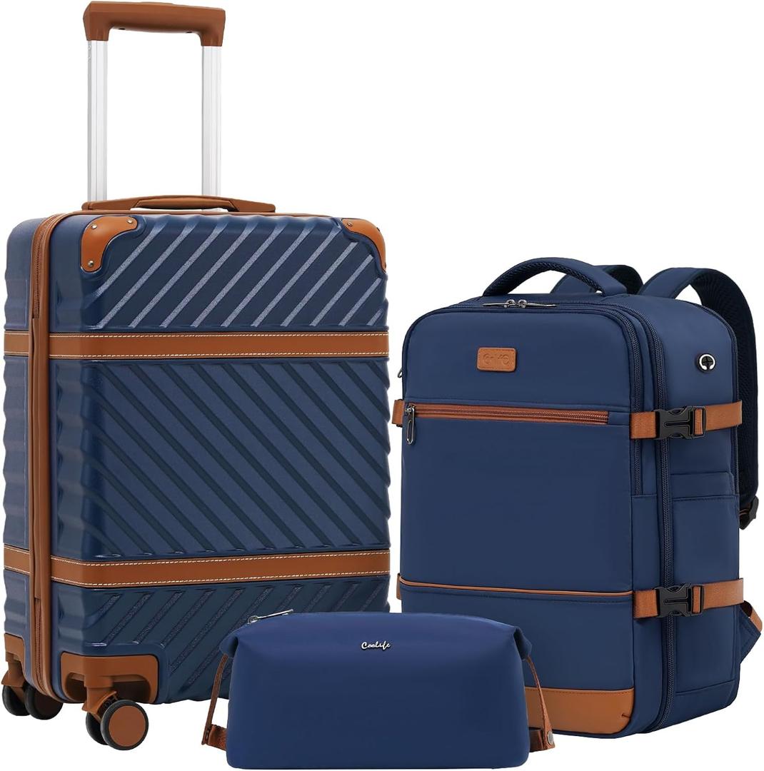 Coolife Luggage Set Suitcase Carry On Luggage PC Hardshell Luggage TSA Lock Spinner Wheels Telescopic Handle (3 piece set (BP/TB/20), Navy)