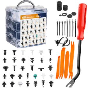 GOOACC 1115Pcs Car Push Retainer Clips & Auto Fasteners Assortment -32 Most Popular Sizes Nylon Bumper Fender Rivets with 10 Cable Ties and Fasteners Remover for GM Ford Toyota Honda Chrysler