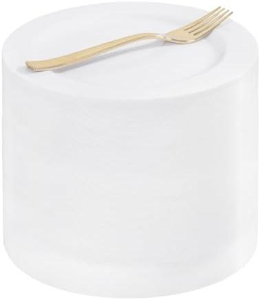 WELLIFE 100PCS White Plastic Dessert Plates and 100PCS Gold Disposable Forks, Premium Hard Dessert Plate 7.5”, Appetizer Plastic Plates for Party and Wedding