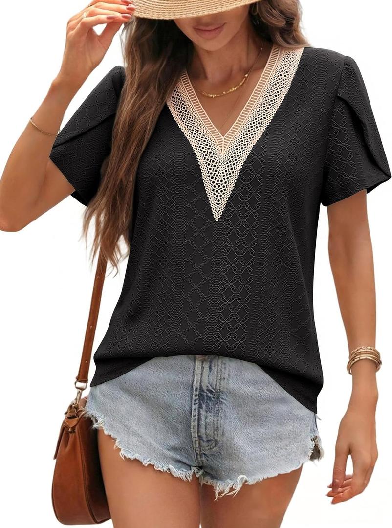 siliteelon Womens Blouses Boho Lace V Neck Short Sleeve Eyelet Shirts Summer Dressy Casual Beach Vacation Tops (Black)