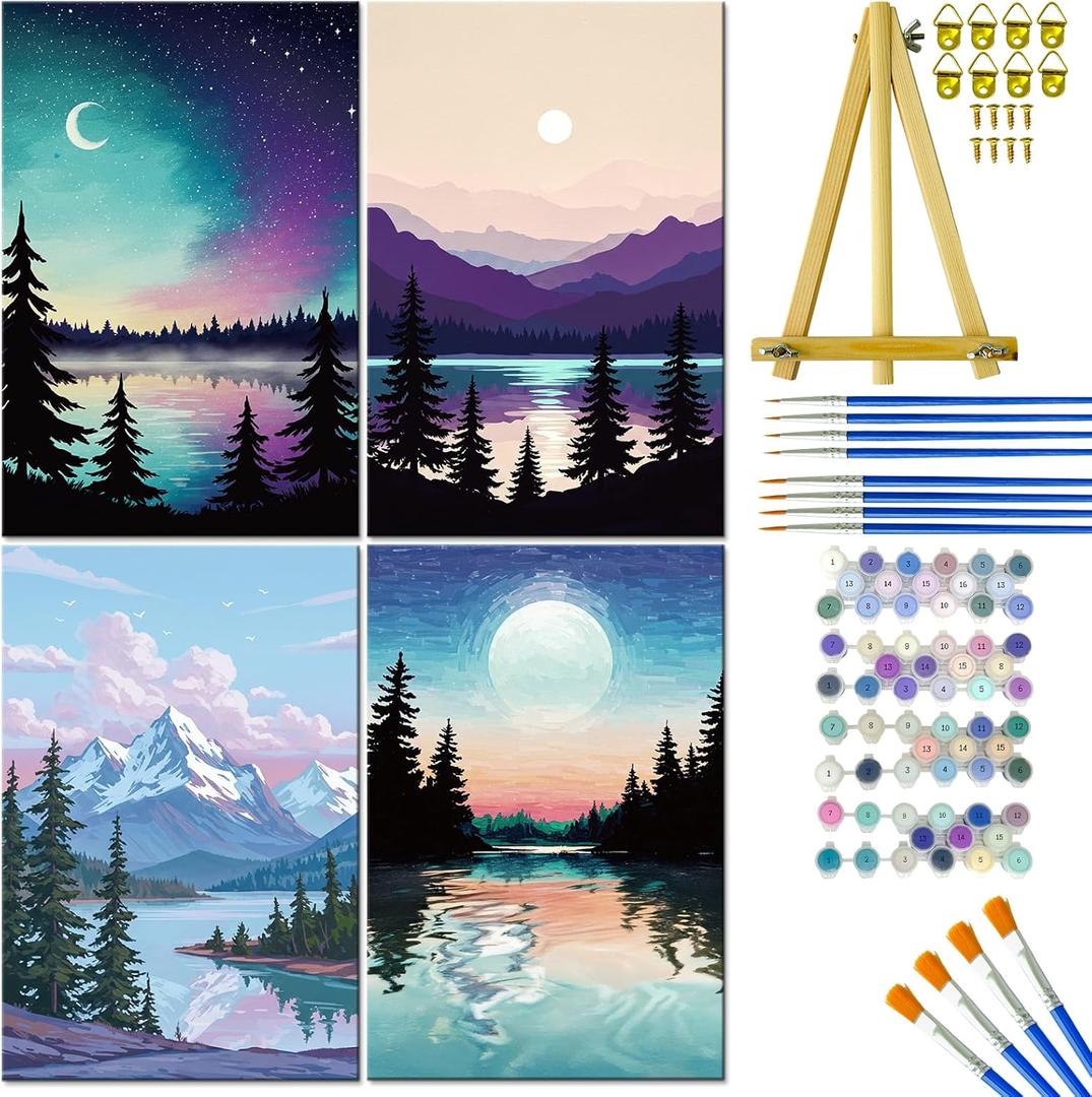 4 Pack Framed Paint by Numbers Kit for Adults Beginner, Landscape Paint by Number on Canvas with Easel, Acrylic Paint Set, Brushes, DIY Painting Kit for Home Wall Decor & Christmas Gift (8x12 inch)