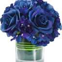 Artificial Rose and Hydrangea Silk Flower Centerpieces Faux Floral Arrangement in Glass Vase for Home Wedding Table Decoration (Navy Blue)