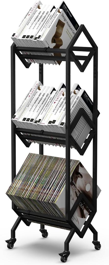 VENNQD Bookshelf Book Cart Rack Industrial Metal Bookcase 3 Tier Holder with Wheels Modern Stylish Design Magazines Files Album Recipe Book Storage Organizer for Sofa End Bed Beside (3 Tier)