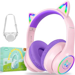 LOBKIN Kids Bluetooth Headphones,Over Ear Kids Headphones Wireless with Mic 50H Playtime Colorful LED Lights AUX Cord 94dB Safe Volume Limited Foldable Design for Boy Girl Travel/School/iPad (Pink Purple)