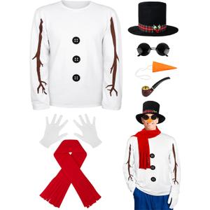 SOMSOC 8 Pieces Snowman Costume Kit Winter Frosty Costume for Men Sweatshirt Top Hat Carrot Nose Scarf Gloves for Christmas (X-Large)