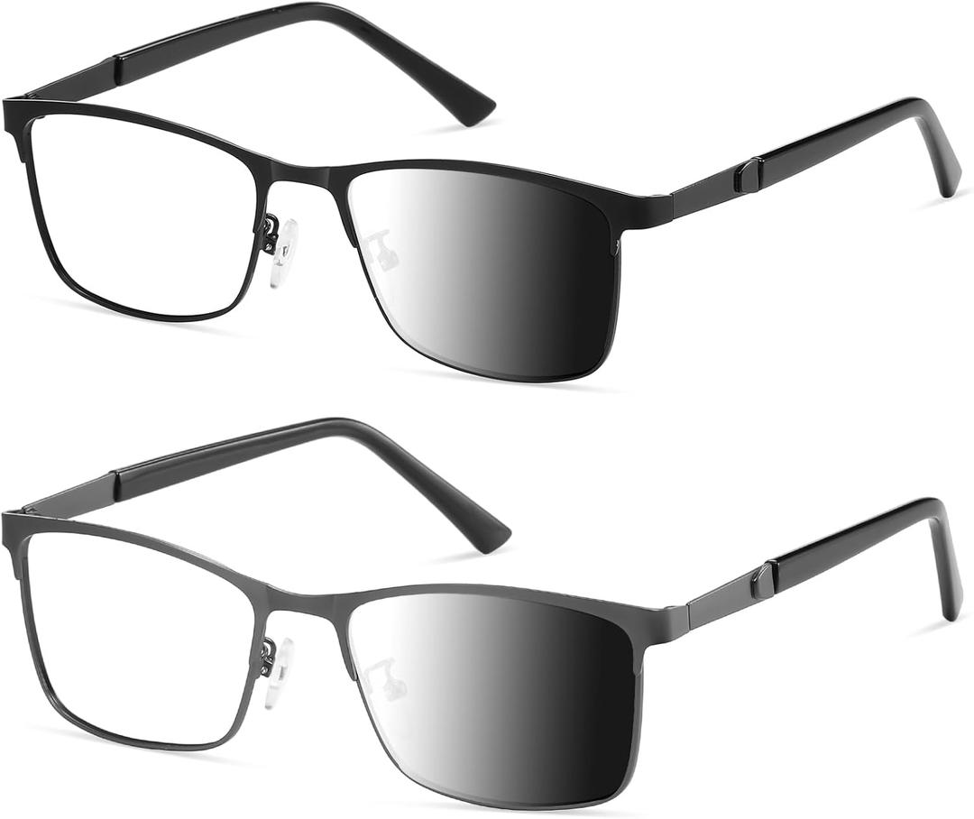PUBOWT Reading Glasses for Men Women Photochromic Lens Blue Light Blocking Computer Readers Wide Style Metal Frame Eyeglasses 2Pack Black Gun PT2407 +1.50 Strength