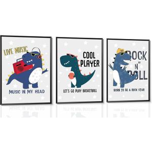 3Pcs Cartoon Dinosaur Wall Art Trio Set Music Sports Rock Themes Playful Canvas Prints Vibrant Color Posters Starry Gray Background Pictures Paintings for Kids Room Wall Decor Nursery Decoration Unframed