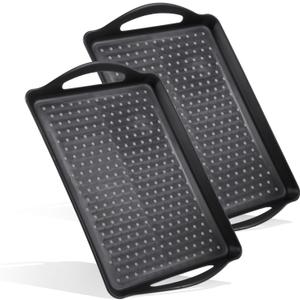 2 Pcs Large Rectangular Non Slip Serving Tray with Handles, Silicone Gripping Nubs Lap Food Trays for Eating, Dishwasher Safe Serve for Dinner Snack Fruit Dessert Beverage, Rectangular (Black)