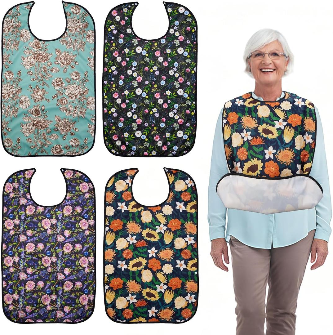 Adult Bibs for Women, 4-Pack 18"30" Waterproof&Washable Adult Bibs for Eating, Gifts for Elderly Women, Mom, and People with Disabilities (Colorful Flowers)