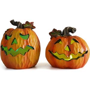 Hodao Halloween Pumpkin Decorations Set of 2, Hand-Painted Resin Jack-O-Lantern Figurines for Indoor Fall Decor, Tabletop Ornaments, for Creating Festive Atmosphere
