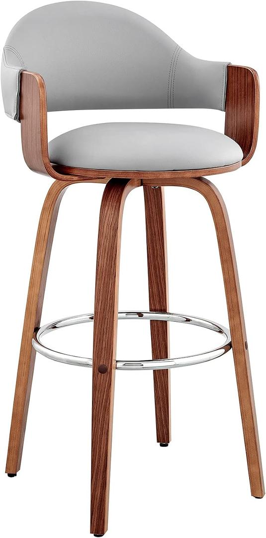 Armen Living Daxton Mid Century Modern Swivel Bar Stool for Kitchen Island Counter in Gray Faux Leather and Walnut Wood, 30" Seat Height