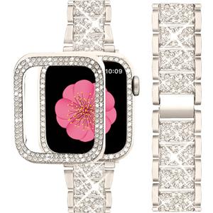 SUPOIX Compatible with Apple Watch Band S10 42mm + Case, Women Jewelry Bling Diamond Metal Bands & 2P Cover Cases for iWatch Series 10(Champagne Gold,42mm)